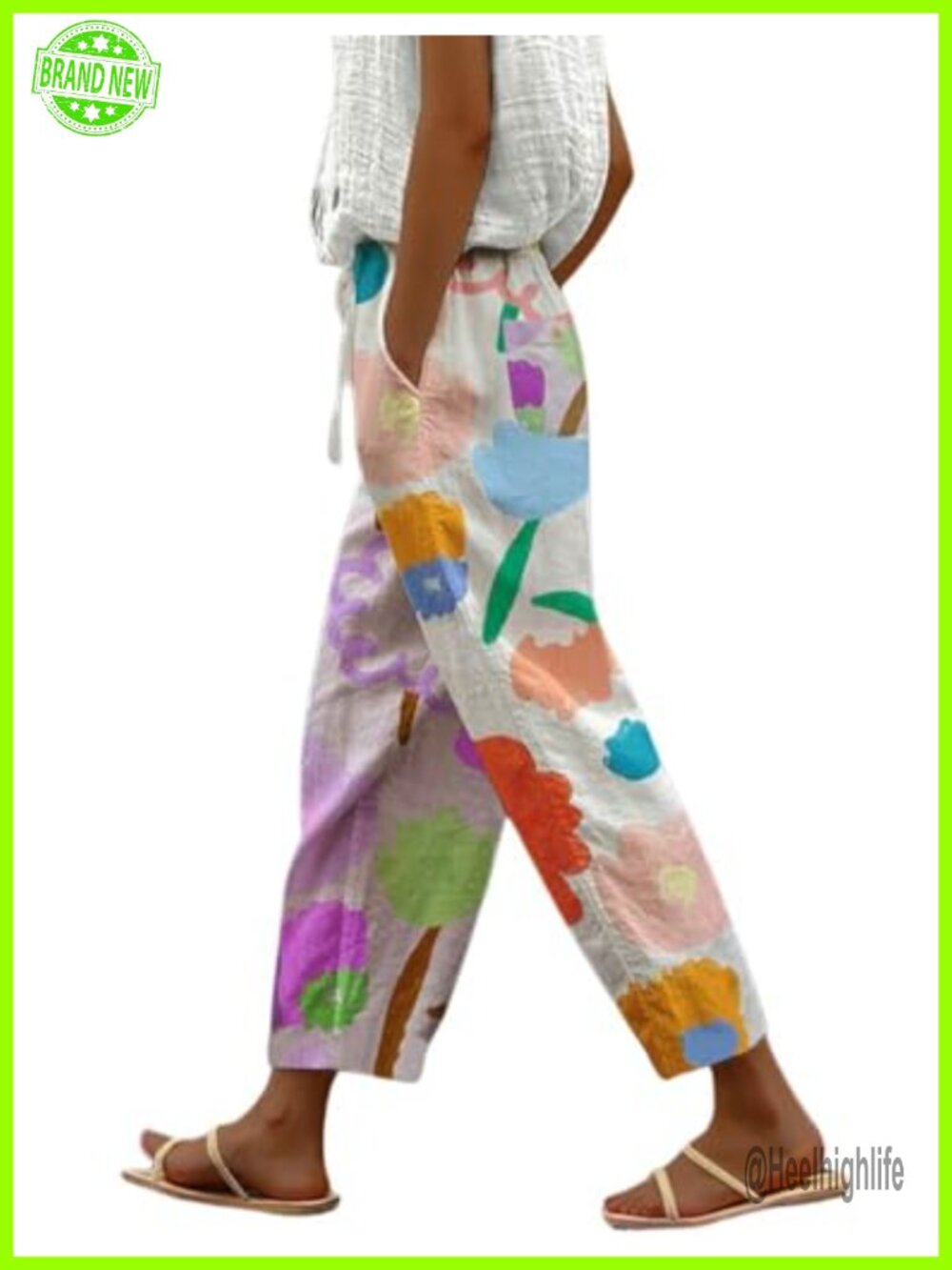 Vintage Floral Print Wide Leg Capri Palazzo Pants with Pockets